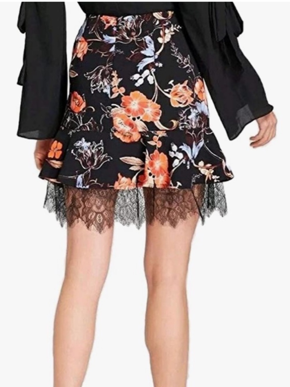 Who What Wear Black Mini Skirt with Orange Floral Print & Lace Trim